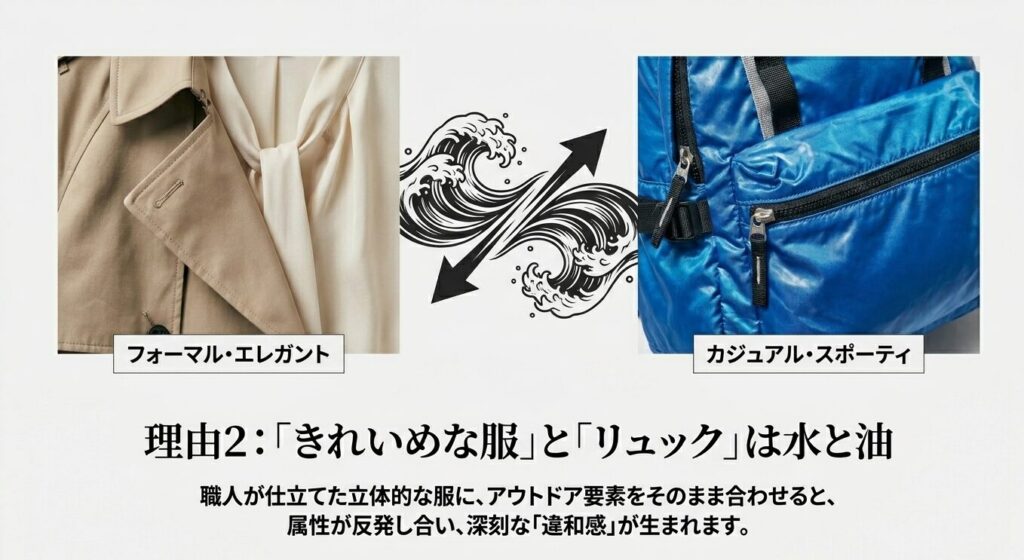 きれいめなトレンチコートとカジュアルなリュックの属性の不一致