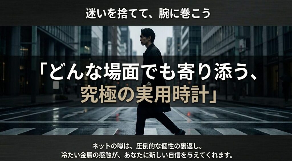 迷いを捨てて腕に巻こう。どんな場面でも寄り添う究極の実用時計。冷たい金属の感触が新しい自信を与える