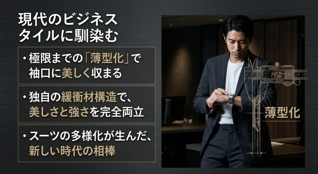 現代のビジネススタイルに馴染む。独自の緩衝材構造と極限までの薄型化で袖口に美しく収まる