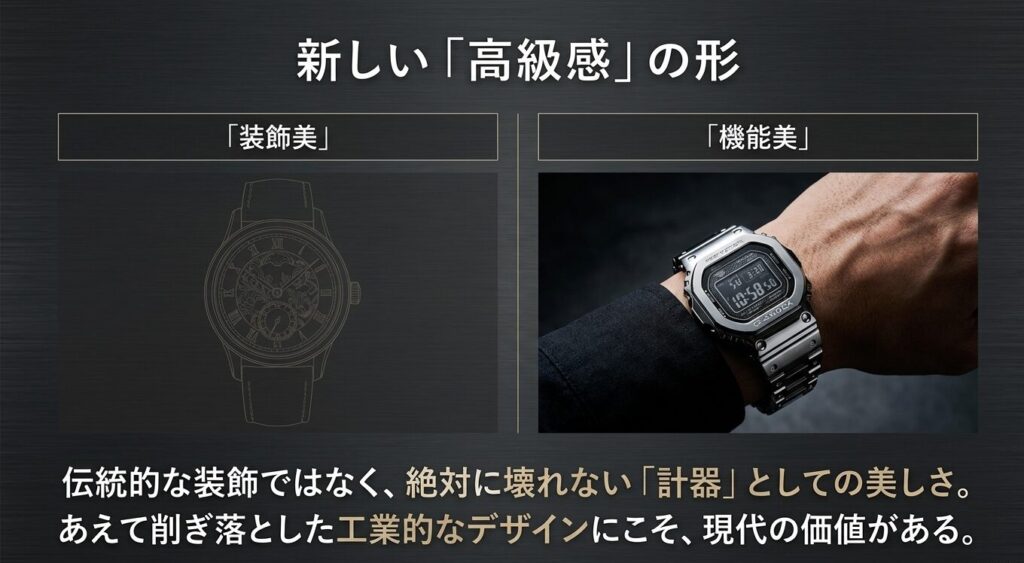 新しい高級感の形。伝統的な装飾ではなく、絶対に壊れない計器としての機能美を追求した工業的なデザイン