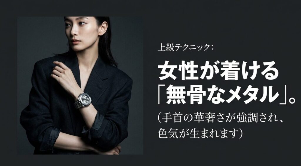 上級者のテクニック。女性の華奢な腕に無骨な時計を合わせることで上品さを引き立てる錯覚の魔法