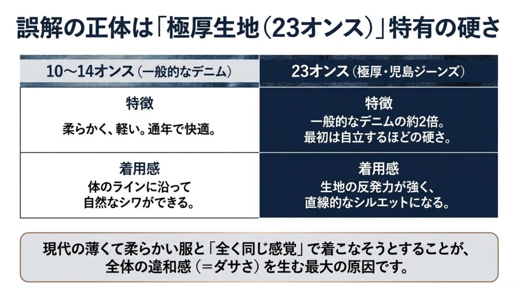 10〜14オンスの一般的なデニムと23オンスの極厚生地の着用感と特徴の比較
