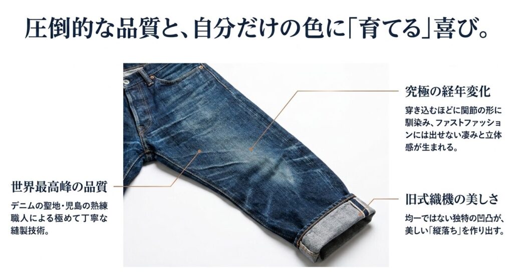 児島ジーンズの美しい色落ち（経年変化）、職人の縫製技術、旧式織機によるセルビッチの美しさの解説