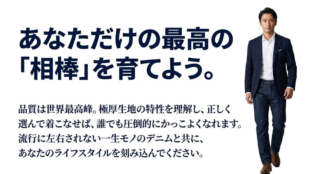 児島ジーンズの極厚生地の特性を理解し、正しい着こなしで一生モノのデニムとして育てる提案