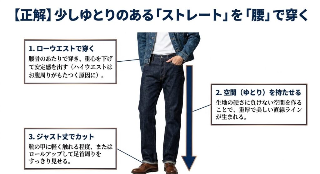 ローウエストで穿く、ゆとりを持たせる、ジャスト丈でカットするという美しいシルエットを作るための正解例の解説