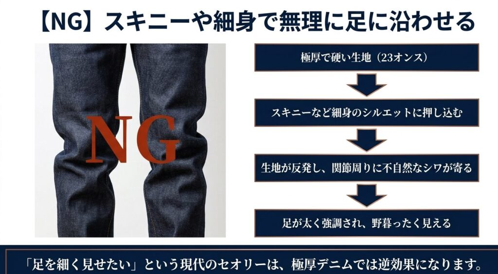 極厚で硬い生地をスキニーなど細身のシルエットで穿くと、関節周りに不自然なシワが寄り野暮ったく見えるというNG例の解説