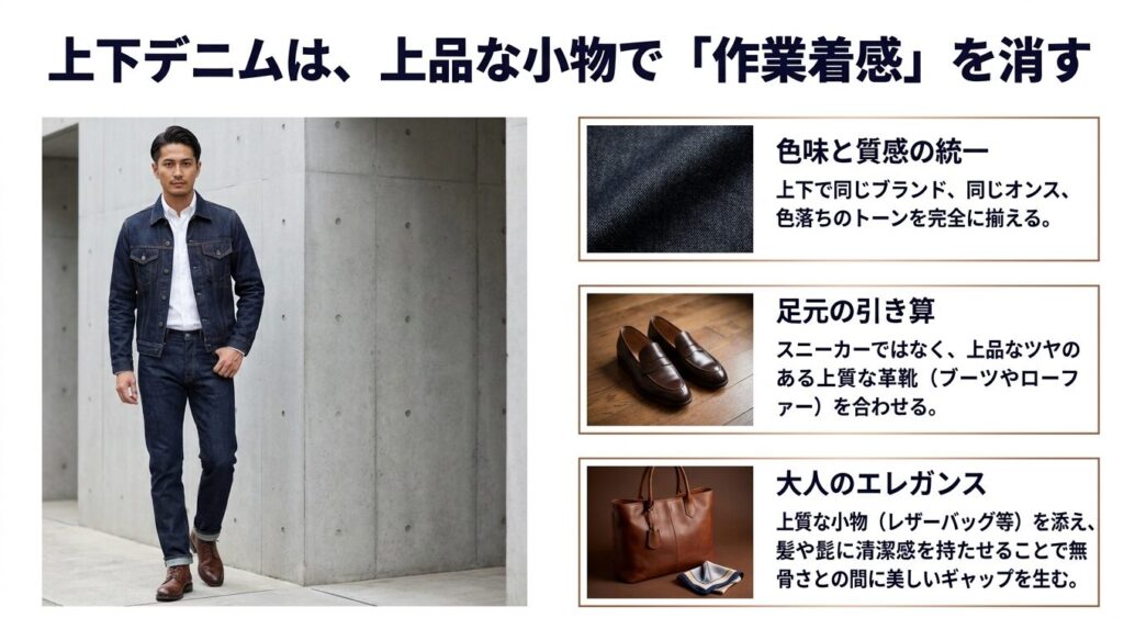 上下デニムのセットアップスタイルに、レザーシューズやレザーバッグなど上品な小物を合わせて作業着感を消すコーディネート術