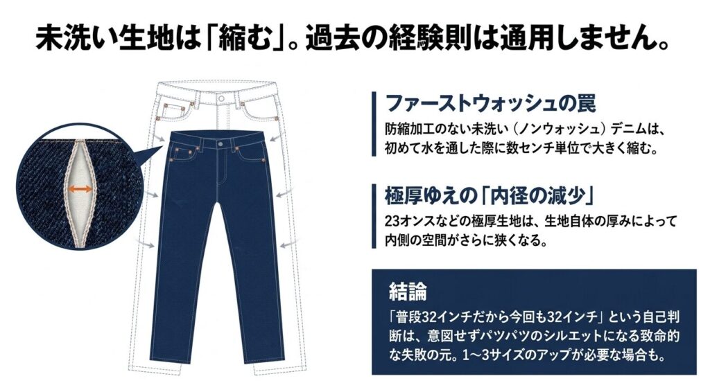 未洗い生地（ノンウォッシュデニム）のファーストウォッシュによる縮みと、極厚ゆえの内径の減少についての解説
