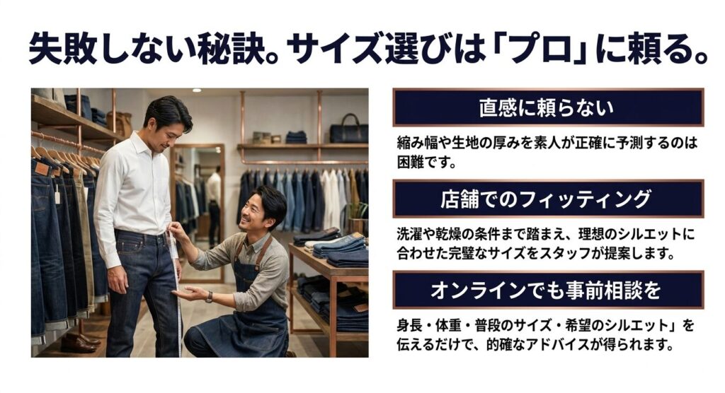 洗濯による縮み幅を考慮した完璧なサイズ選びのために、店舗やオンラインでプロのスタッフに相談する重要性