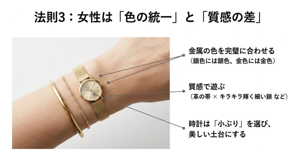 女性の腕時計とブレスレットの重ね付けにおける地金の色統一と質感の違いを取り入れたスタイリング例