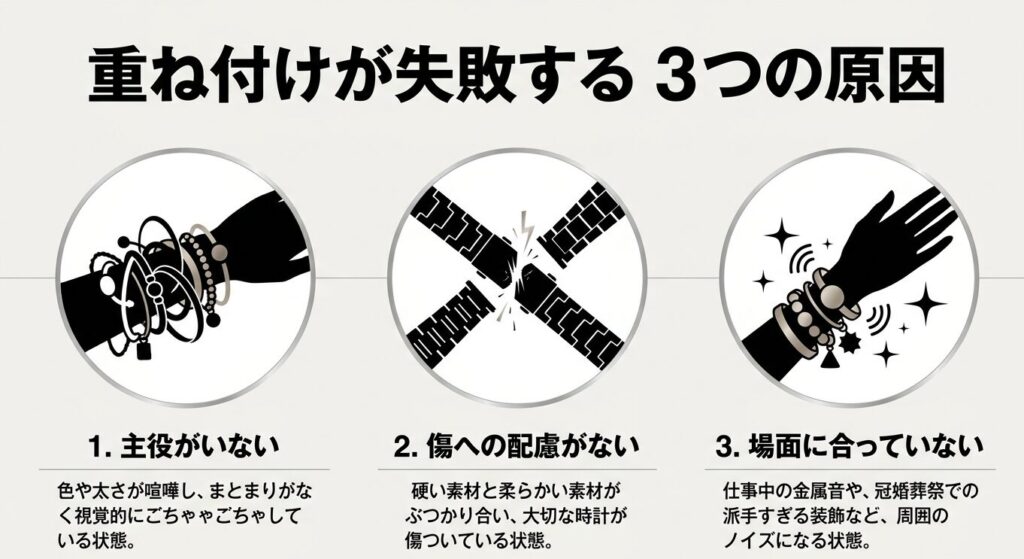 腕時計とブレスレットの重ね付けが失敗する原因（主役不在、傷への配慮不足、場面の不一致）の図解