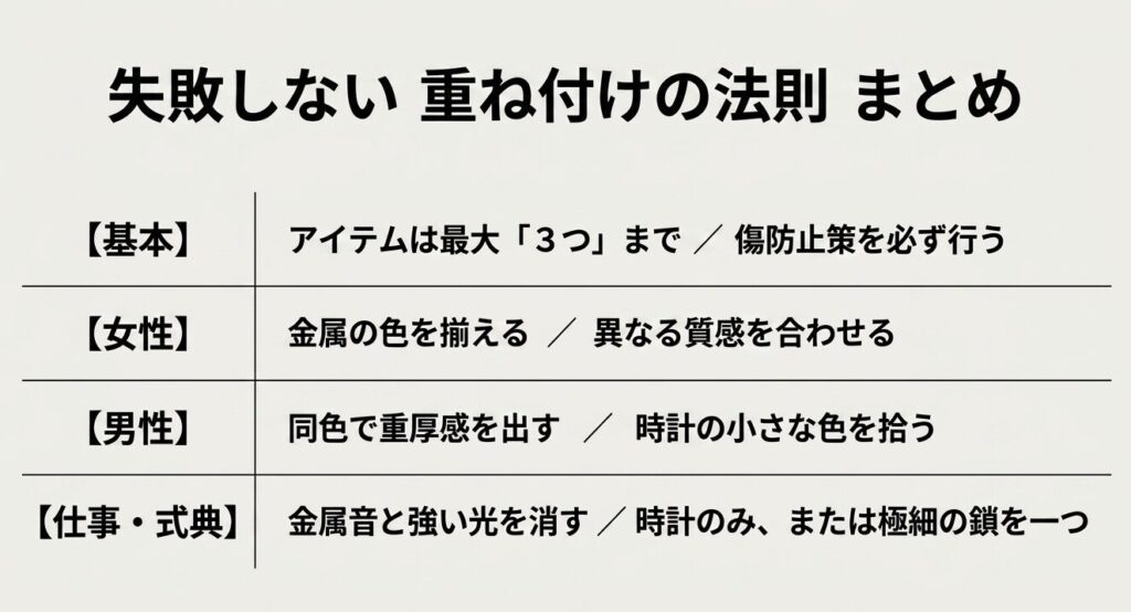 腕時計とブレスレットの重ね付けを成功させるための基本、男女別、シーン別の法則まとめ表