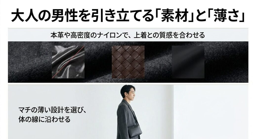 大人の男性を引き立てる「素材」と「薄さ」本革や高密度のナイロン、体の線に沿わせる