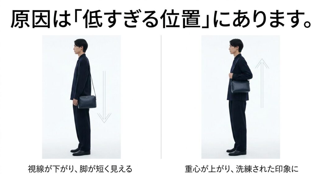 低すぎる位置による視線の低下と、重心を上げた洗練された印象の比較