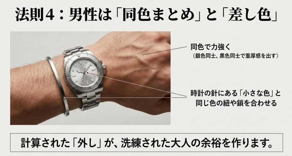 男性の腕時計とブレスレットの重ね付けにおける同色での重厚感演出と差し色リンクのスタイリング例