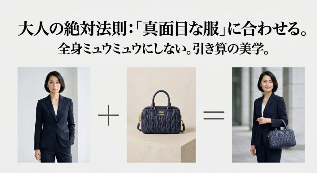 ミュウミュウを大人が着こなす絶対法則。真面目な服に合わせる引き算の美学