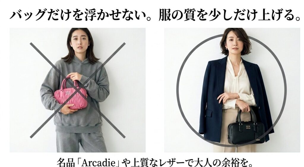 ミュウミュウのバッグを悪目立ちさせない大人のコーディネート例と名品バッグArcadie（アルカディ）