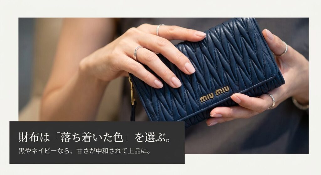 ミュウミュウの財布は黒やネイビーなどの落ち着いた色を選んで甘さを中和する