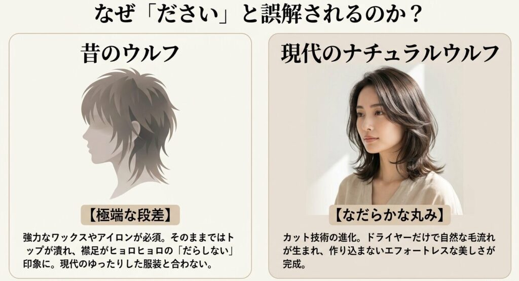 昔の段差が激しいウルフカットと、現代のなだらかな丸みのあるナチュラルウルフのシルエット比較