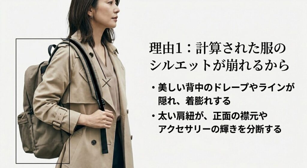 リュックによって計算された服のシルエットが崩れる理由