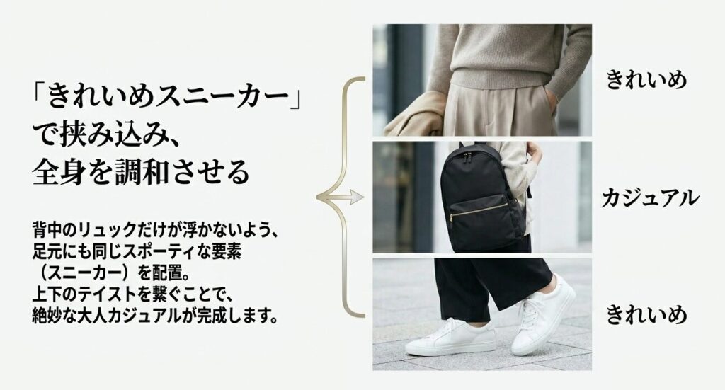 リュックと足元のきれいめスニーカーでテイストを繋ぐ大人カジュアルのサンドイッチコーデ