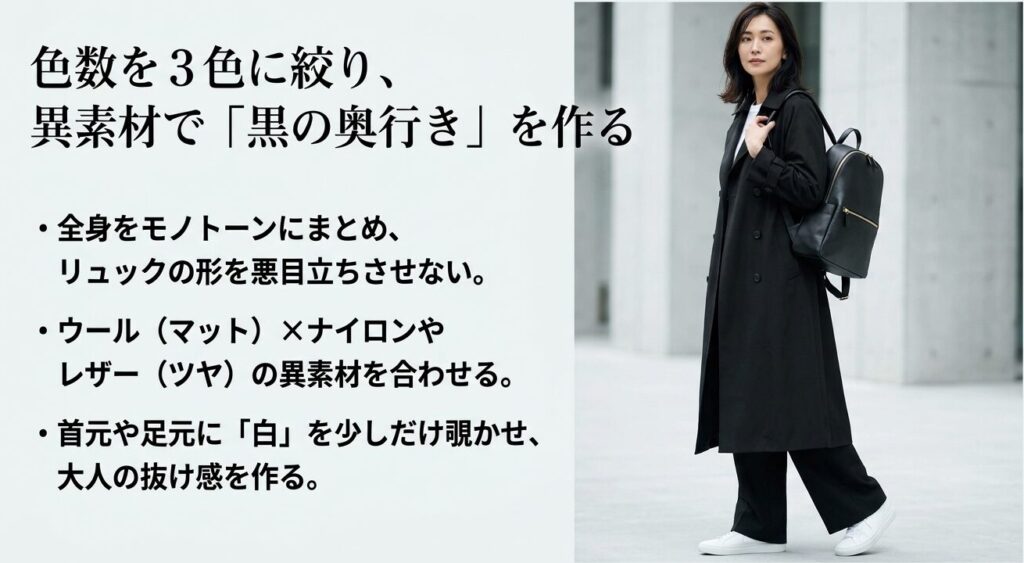 色数を3色に絞り異素材の黒で奥行きを作ったおしゃれなコーディネート