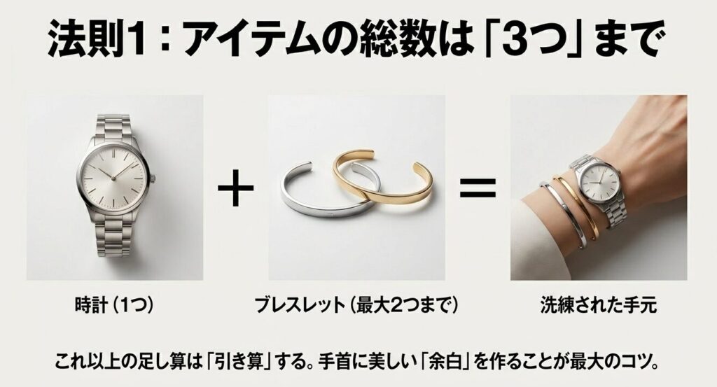 腕時計1つとブレスレット最大2つまでとする、洗練された手元を作る3アイテム上限の法則