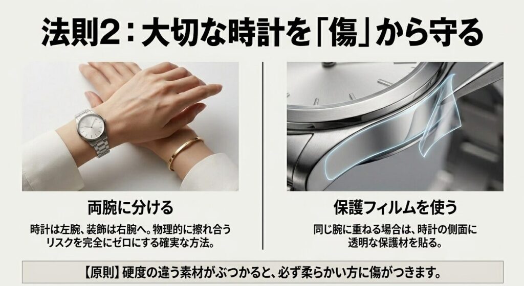 腕時計を傷から守るための両腕に分ける方法や保護フィルムの使用例