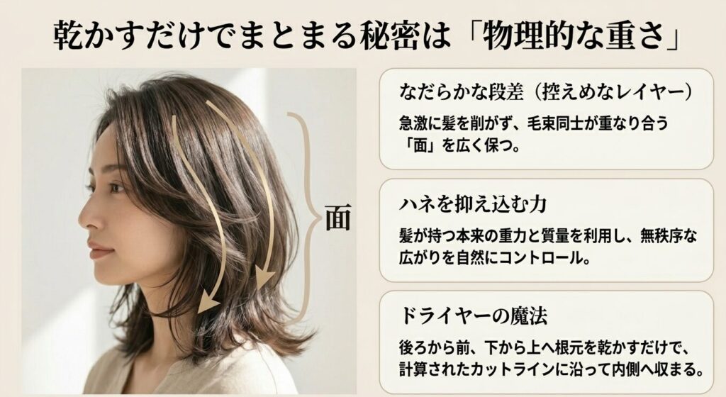 控えめなレイヤーで髪の重なりを利用し、ハネを抑え込むナチュラルウルフの構造解説