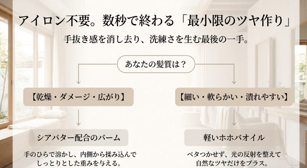 乾燥・ダメージ毛にはシアバター配合バーム、細毛・軟毛には軽いホホバオイルなど、髪質に合わせた最小限のツヤ作りガイド