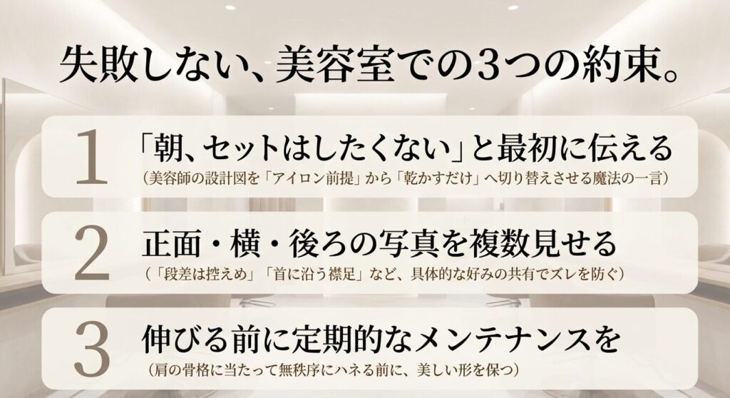 ノーセットのウルフカットを美容室でオーダーする際の「セットしないと伝える」「写真を見せる」「定期メンテナンス」の3つのコツ