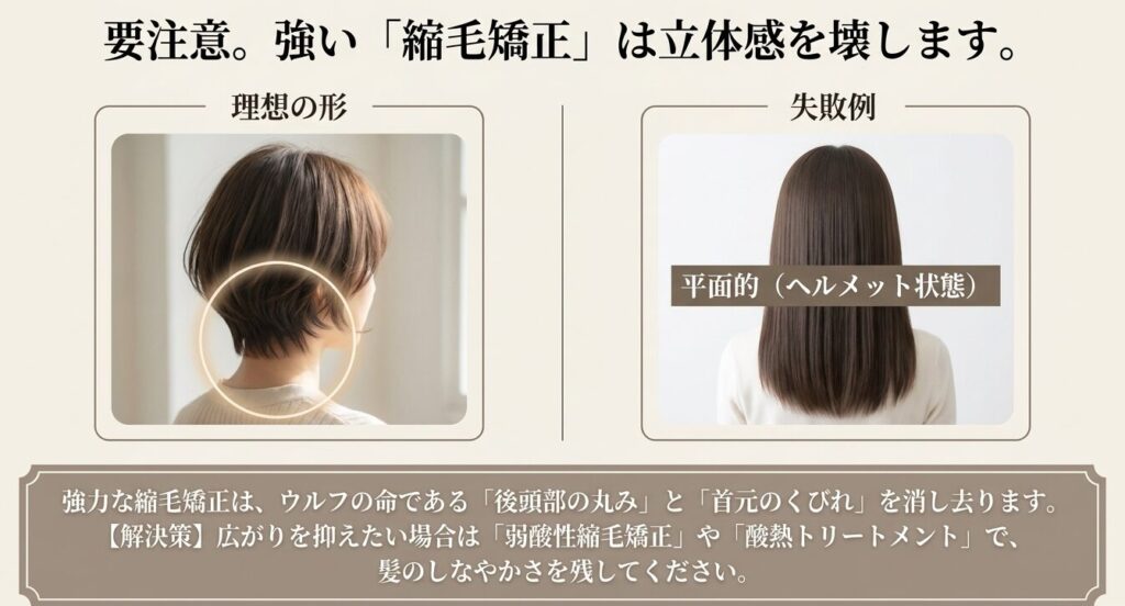 強い縮毛矯正によってウルフカット特有の立体感が失われ、平面的になったヘルメット状態の失敗例