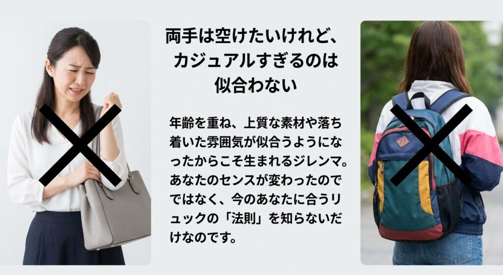 リュックの太い肩紐やカジュアルさに悩む大人の女性