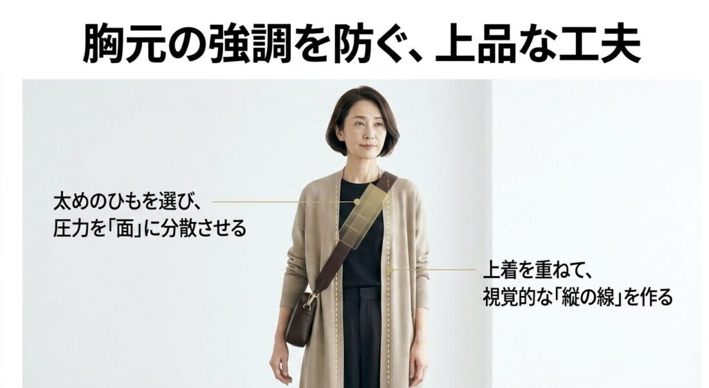 太めのひもを選び圧力を面に分散、上着を重ねて視覚的な縦の線を作る工夫