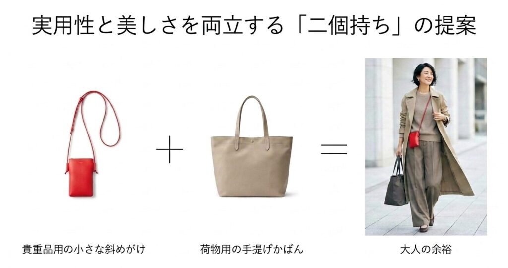 貴重品用の小さな斜めがけと荷物用の手提げかばんを合わせた2個持ちの提案