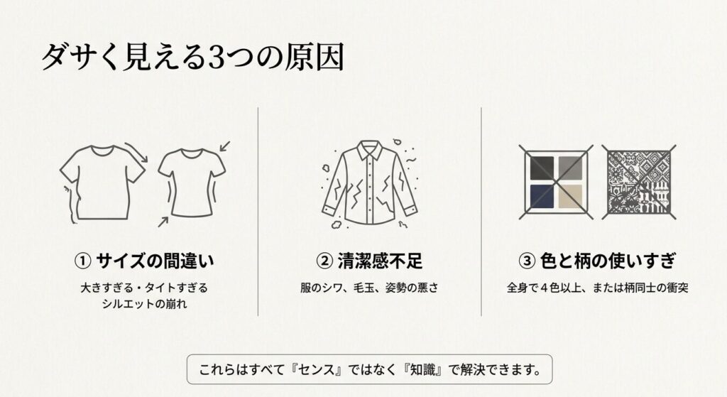 服がダサく見える3つの原因(サイズの間違い、清潔感不足、色と柄の使いすぎ)の解説図