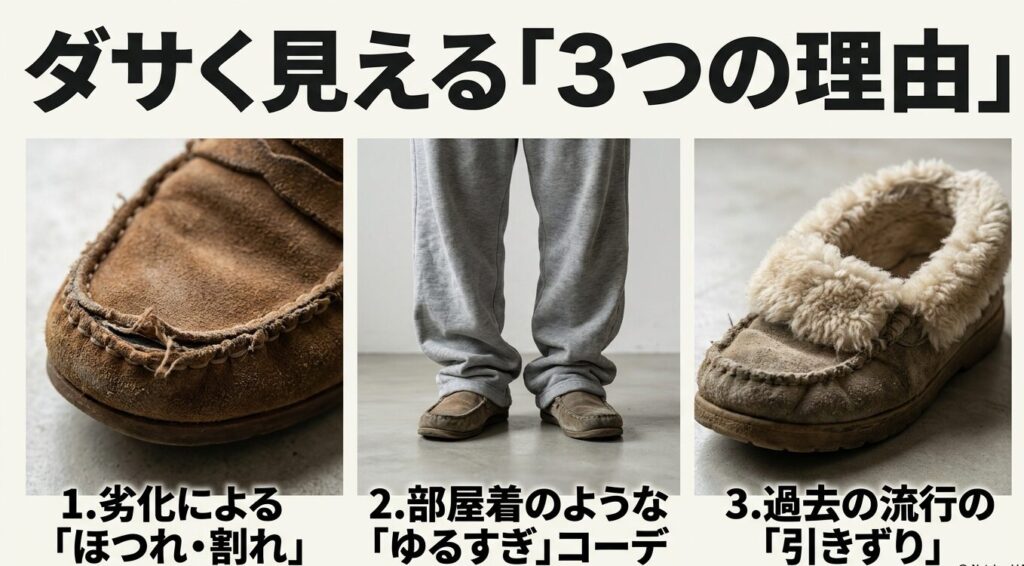 モカシンシューズがダサく見える3つの理由。劣化によるほつれや割れ、部屋着のようなゆるすぎコーデ、過去の流行の引きずり。