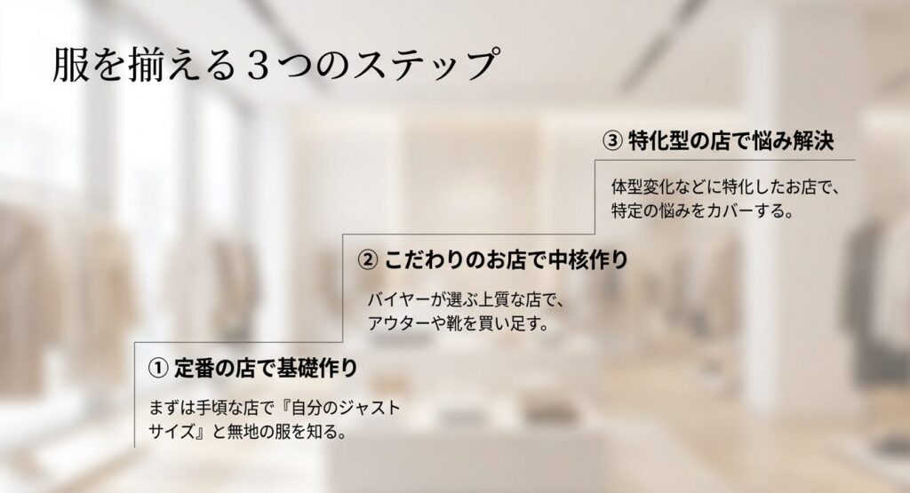 初心者が服を揃えるためのステップ(定番の店で基礎作り、こだわりのお店で中核作り、特化型の店で悩み解決)