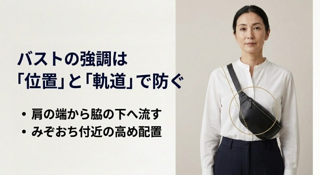 胸の強調を防ぐために、ストラップを肩の端から脇の下へ流し、バッグをみぞおち付近の高めに配置するテクニック
