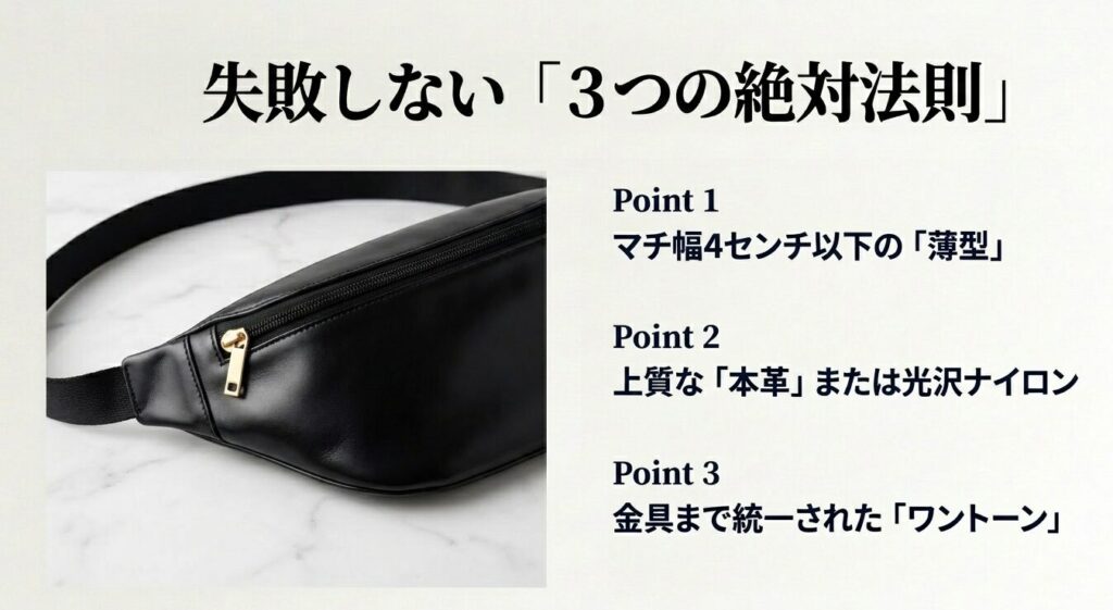 マチ幅4センチ以下の薄型、上質な本革または光沢ナイロン、金具まで統一されたワントーンというボディバッグ選びの3法則
