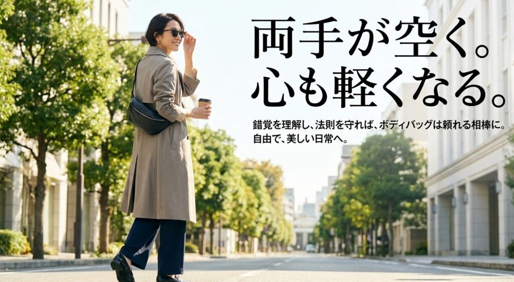 錯覚を理解し法則を守ればボディバッグは頼れる相棒になるというまとめのメッセージ