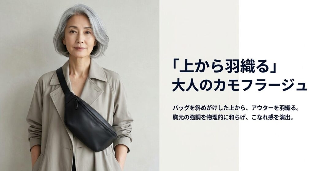 ボディバッグを斜めがけした上からアウターを羽織り、胸元の強調を和らげてこなれ感を演出する大人の女性
