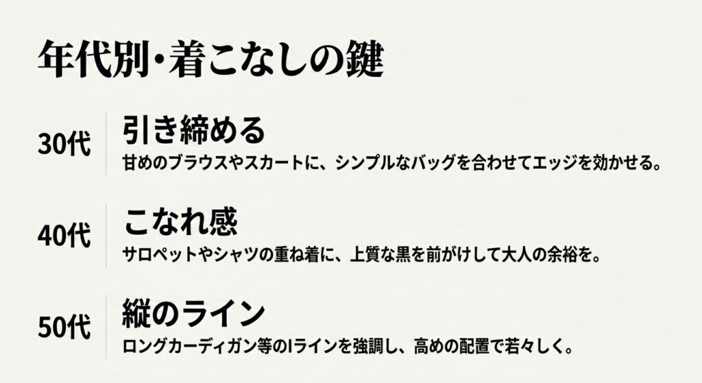 30代は引き締める、40代はこなれ感、50代は縦のラインを意識した年代別コーディネートのポイント
