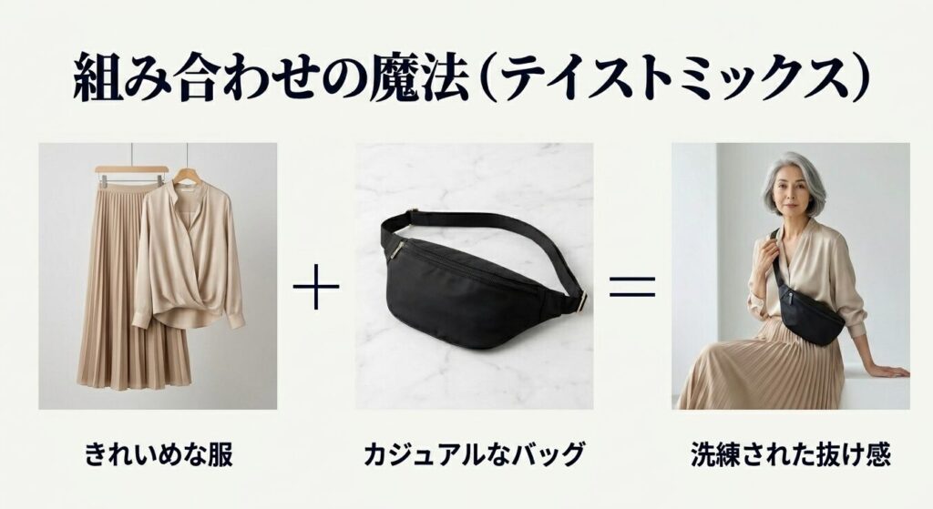 きれいめな服にカジュアルなボディバッグを合わせることで洗練された抜け感を生み出すテイストミックスの魔法
