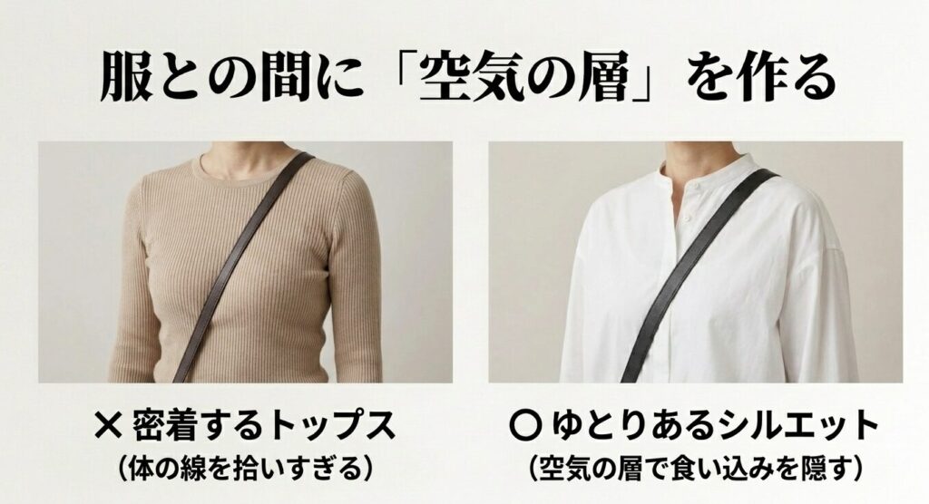 密着するトップスを避け、ゆとりあるシルエットの服を選んでボディバッグと服の間に空気の層を作るコツ