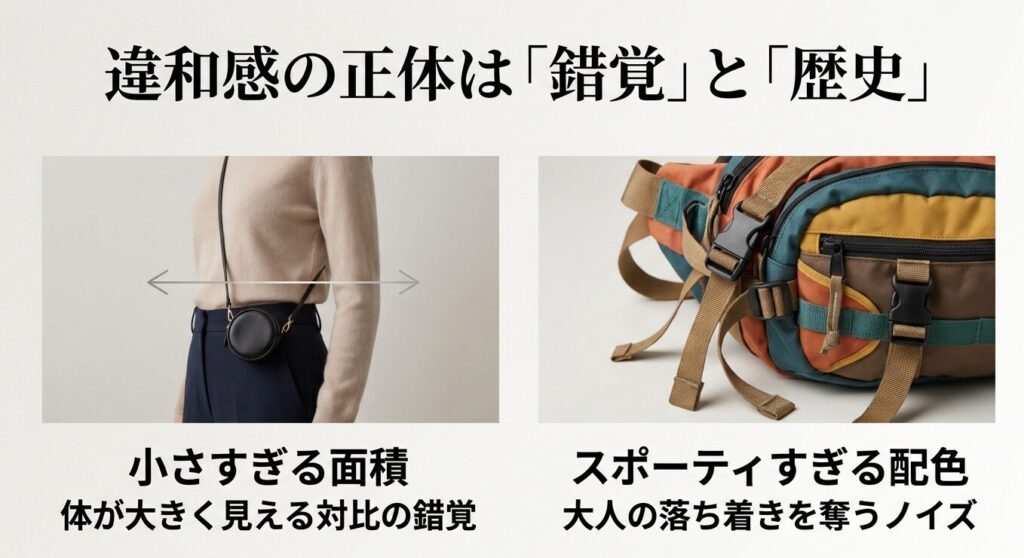 小さすぎるボディバッグによる対比の錯覚と、スポーティすぎる配色がもたらす違和感の解説