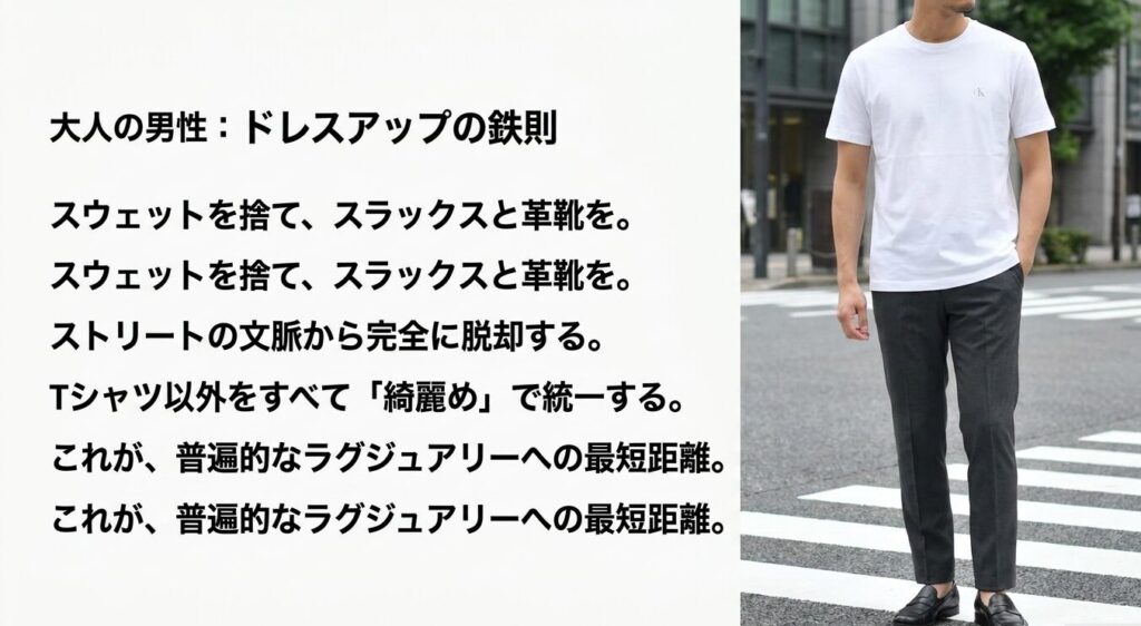 大人の男性向けカルバンクラインTシャツの綺麗めドレスアップスタイル
