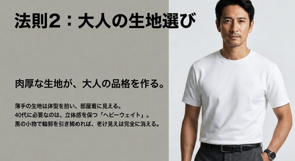 40代の老け見えを回避するヘビーウェイト生地と黒小物の活用法