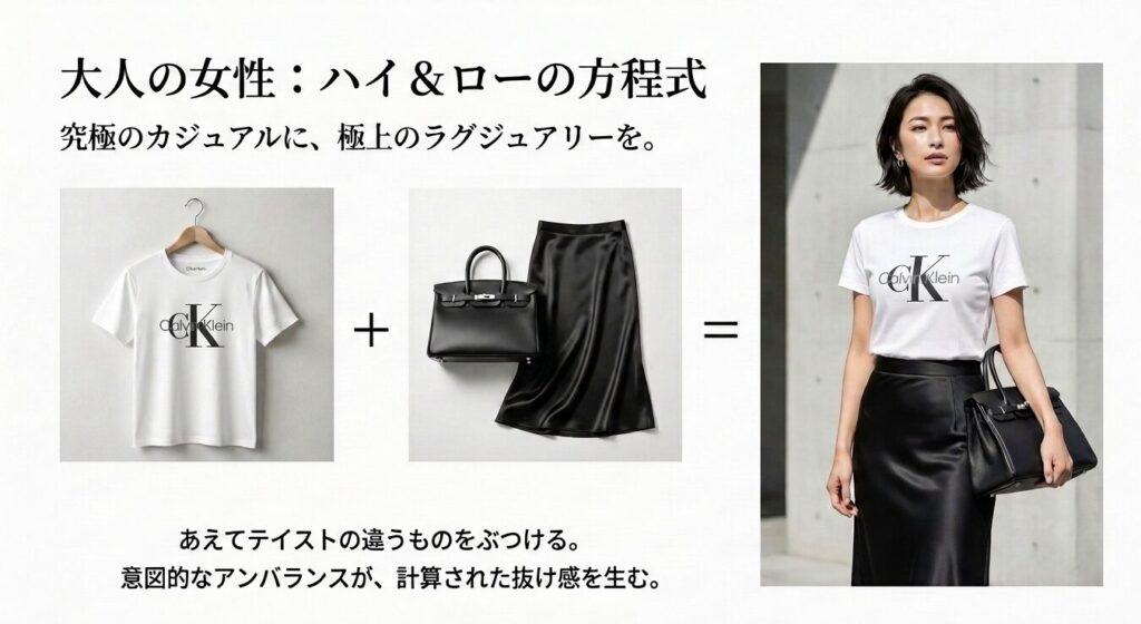 大人の女性向けカルバンクラインTシャツのハイアンドローMIXコーデ