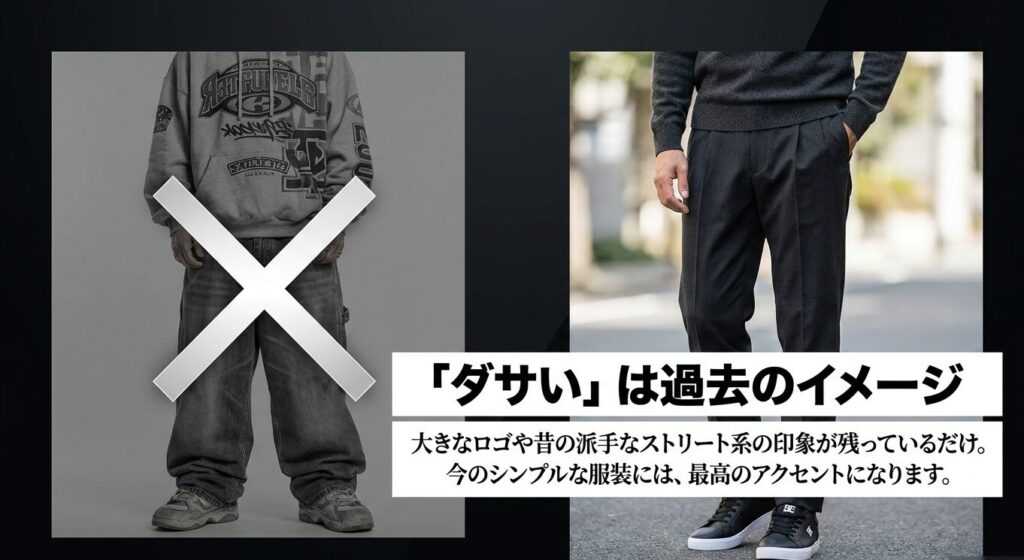 DCシューズの大きなロゴや派手な印象は過去のものであり、今のシンプルな服装には良いアクセントになることを解説するスライド